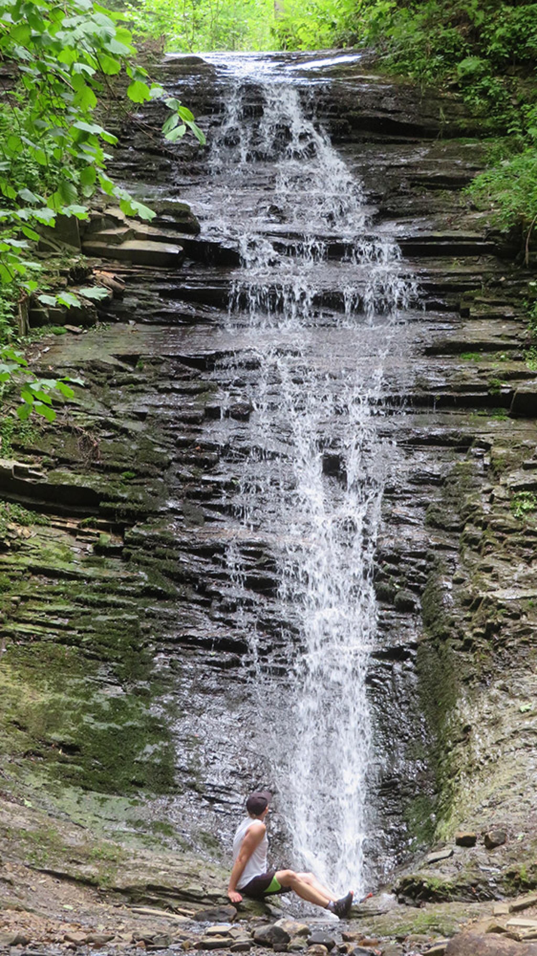 Cascada Bursuc, la sud de Putna, cu apa căzând peste o stâncă în trepte
